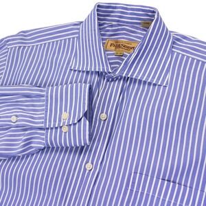 Paul Stuart Mens L‎ 16.5 x 36 Blue White Stripe Cotton LS Shirt Made in Canada